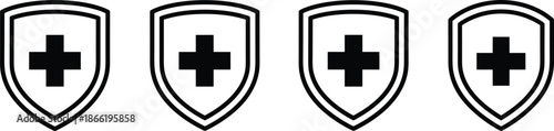 Medical shield icon set featuring healthcare cross symbols for insurance protection safety security and first aid certification services.