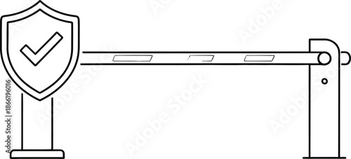 A line art illustration representing a security barrier gate with a verified shield symbol for safe access control