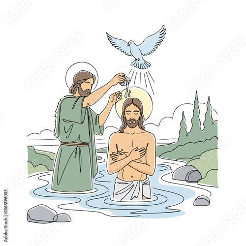 Illustration shows baptism of Jesus, John baptizing in river, dove descends. Important New Testament event for believers. Ideal for religious education, Christian iconography,