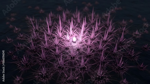Purple glowing crystal spikes forming geometric organic patterns with bright central light source on dark surface