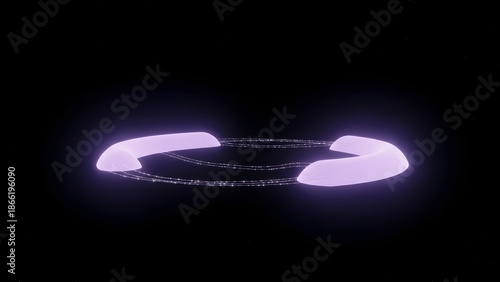 Two glowing, curved, light purple objects float in a dark void, connected by a shimmering stream of tiny particles forming a ring