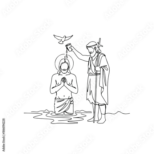 Baptism of Jesus depicted in elegant continuous line art, showing sacred ceremony by John in water. Scene from bible shows John baptizing Jesus. Spiritual image for education, worship, faith media.