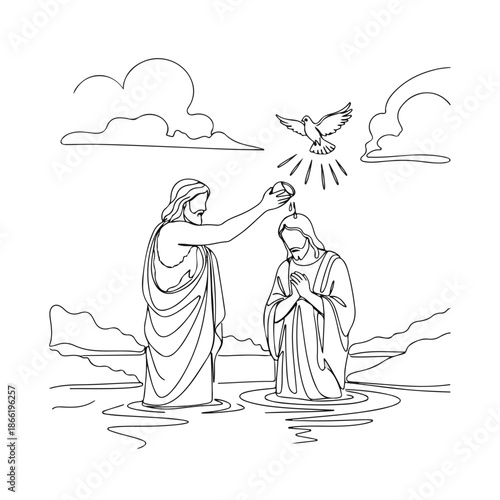 Depiction, baptism of Christ, showing John Baptist pouring water on Jesus in river, dove, Holy Spirit symbol. Biblical scene, baptism of Christ, offers spiritual imagery for religious education,