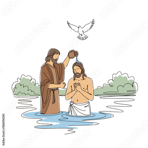 Line art depicts baptism of Jesus by John Baptist in river. Holy Spirit dove above, key New Testament moment for disciples. Artwork for religious study, education, depicting baptism of Jesus.