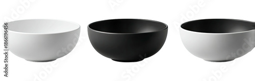 Three minimalist ceramic bowls in varying shades, arranged side by side against a black background