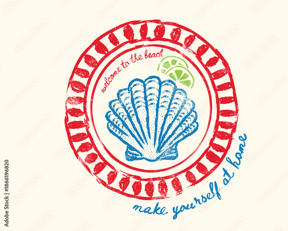 Fototapeta premium Seashell vintage artwork. vintage women's t-shirt design. Summer vibes artwork. Beach social club. Seashell artwork for t shirt print,