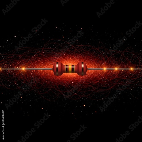 Electronic component concept visualization showing vintage resistor body centered within complex red energy web and glowing electrical flow