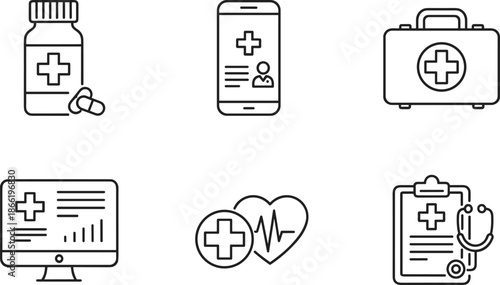 Medical and digital health icon set featuring telemedicine smartphone app pill bottle first aid kit and patient records.