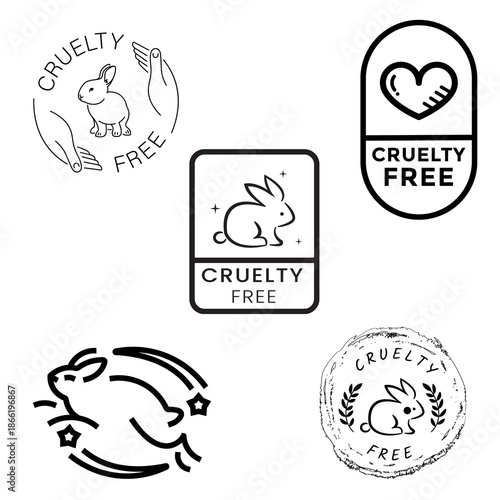 Cruelty free and vegan icons set representing ethical products, animal protection, eco friendly lifestyle, sustainability on white.