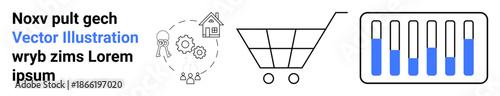 Shopping cart alongside home automation gear, analytics data bar chart, and human icon. Ideal for e-commerce, innovation, technology, smart home, data analysis, shopping trends simple landing page