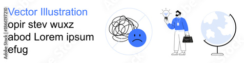 Mental health, problem solving, emotional health, global awareness, idea innovation, workplace inspiration. ion of a sad face, tangled lines and a person with a light bulb near a globe. Mental
