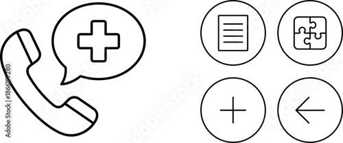 Emergency medical call icon set with healthcare phone symbol puzzle piece document plus sign and back arrow navigation.