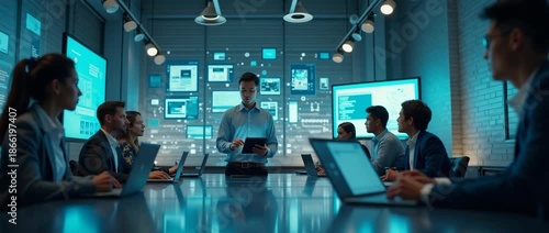 Innovative business meeting in a modern conference room, leader presenting with digital screens flickering; dynamic camera pans across attentive team, capturing cinematic corporate strategy atmosphere