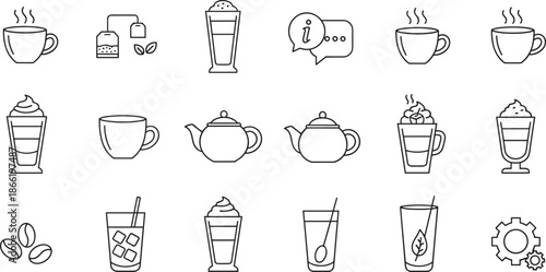 Large coffee and tea icon set featuring mugs teapots lattes iced drinks beans and service symbols for cafe menus.