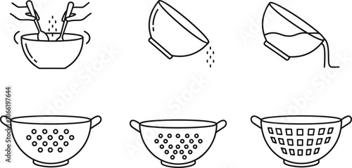 Mixing bowl and colander icon set featuring whisking pouring ingredients and various strainer designs for kitchen food preparation.