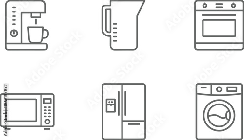 Kitchen and home appliance icon set featuring coffee machine oven microwave refrigerator and washing machine for domestic chores.