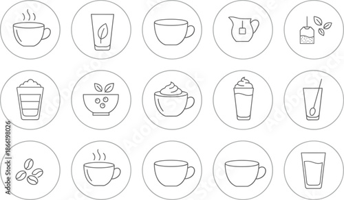 Coffee and tea icon set featuring espresso cups lattes iced drinks tea bags and beans for cafe menus.