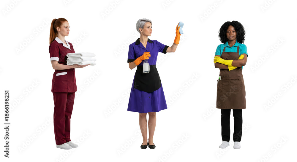 Fototapeta premium Diverse Team of Professional Cleaners and Hotel Staff on White Background