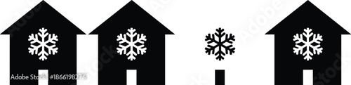 House icon set with snowflake symbol representing home air conditioning HVAC cooling systems and cold weather thermal insulation.