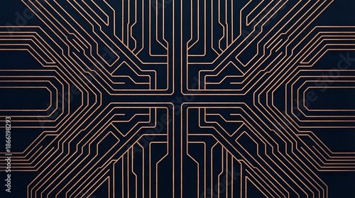Symmetric copper circuit board pattern on dark blue background