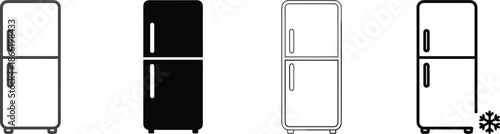 Refrigerator icon set featuring solid and linear fridge designs with snowflake symbol for kitchen appliances cooling and storage.