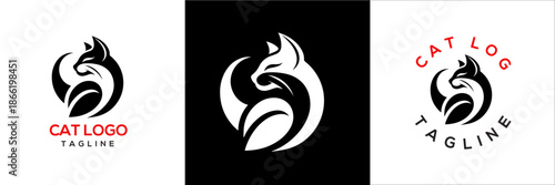 Modern abstract cat logo design set on black and white backgrounds, minimalist feline mascot emblem for branding identity use