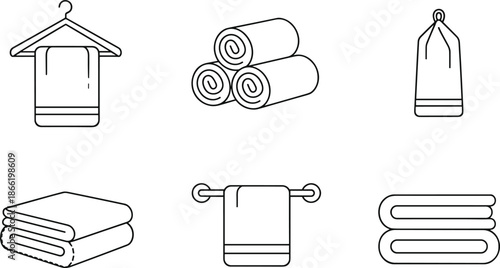 Towel icon set featuring hanging rolled and folded bathroom textiles for spa hotel hygiene bath and home laundry service.