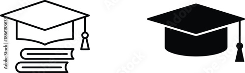 Graduation cap icon set with mortarboard on books and solid silhouette for academic success university degree and celebration.