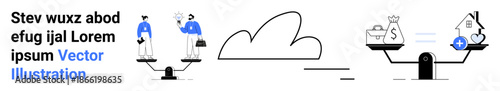 Financial planning, decision-making, equality, priorities, cost-management, real estate. Scales balance people and money, alongside home and healthcare. Financial planning and prioritization concept