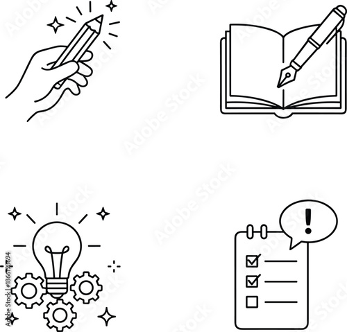 Creative writing icon set featuring hand with pencil fountain pen lightbulb with gears and checklist for productivity and innovation.