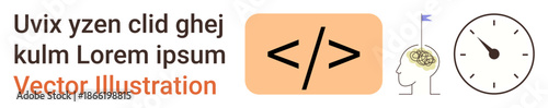 Programming, brain activity, coding, technology, time management, learning processes. Slash code symbol, brain with circuit and clock. Programming and brain activity concept