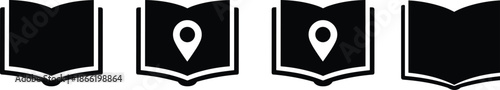 Open book solid icon set with location pin symbols for library map bookstore find place education and digital reading.