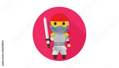 Cartoon Ninja Warrior with Sword on Red Circle Background.