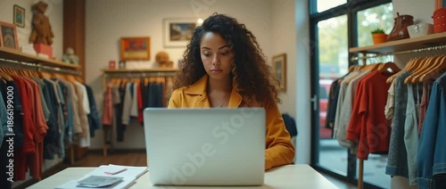 A young clothing store owner utilizes a laptop in her fashionably arranged shop, embodying entrepreneurship and dedication in a bright, lively retail space.