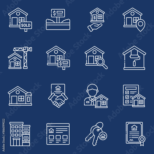 Dynamic collection of linear real estate icons covering property acquisition, home selling, construction, financial services, and property management concepts