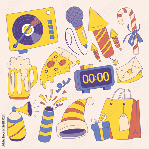 A vibrant collection of festive icons, celebrating New Year's Eve with party elements and holiday cheer