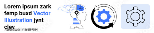 Head profile with gears in the brain connected to a process cycle and settings icon. Ideal for AI, automation, technology, innovation, brain function, process optimization, simple landing page