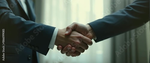 Two business professionals exchange a firm handshake in a sunlit office, camera slowly zooms in, curtains gently sway, cinematic focus on collaboration, trust, and agreement.