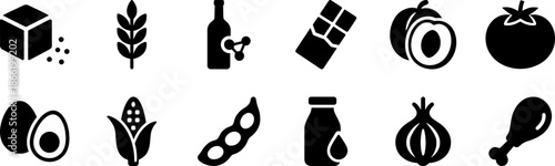 Essential Food Ingredients And Grocery Items Glyph Pictogram Icon Pack For Culinary Projects, Nutrition Apps, Organic Farming Labels, And Restaurant Menus
