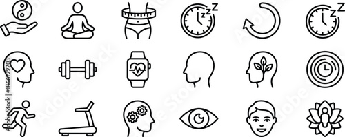 Set of 20 black line icons for holistic health and wellness including fitness, mindfulness, sleep, and cognitive care symbols