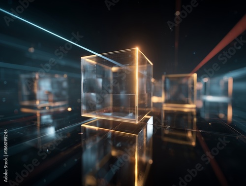 Quantum computing visualization, transparent cubes and light beams in dark space, precise symmetry, high-end tech branding aesthetic.