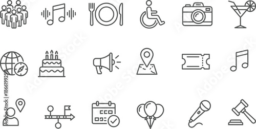 Set of 20 black line icons for events, parties, and gatherings including music, food, accessibility, and scheduling symbols