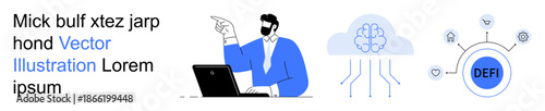 Artificial intelligence, cloud computing, decentralized finance, blockchain, fintech, digital transformation. Businessman pointing at laptop, cloud brain DeFi symbol. AI and decentralized finance