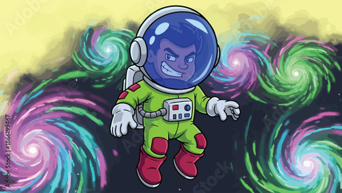 Cartoon Astronaut Floating in Space with Determined Expression.