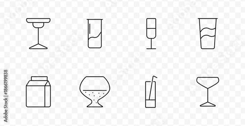 Glassware and packaging set icon. Goblets, cartons, flutes, glasses, and containers show drink presentation, fluid levels, and packaging styles with varied line shapes