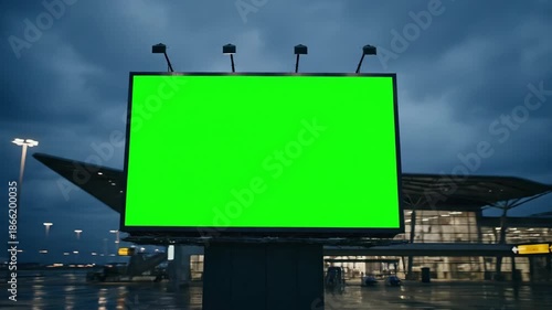 Empty Digital Billboard Display at Airport with Cloudy Sky in Twilight