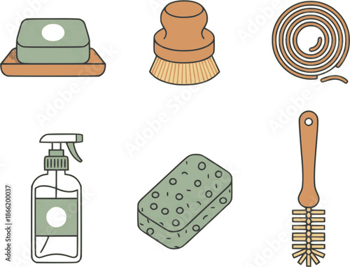 Professional zero-waste cleaning icons. Flat vector set featuring soap bars, agave brushes, and glass spray bottles. High-quality sage and copper graphics isolated on white.