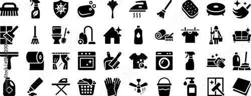 Premium Vector Collection of Housekeeping and Cleaning Service Glyph Pictogram Icons Pack for Sanitary, Laundry, Hygiene, Home Maintenance, and Disinfection Projects