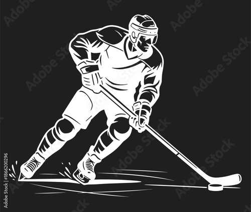 Ice hockey illustration showing a male player in white silhouette skating and controlling the puck on a black background.