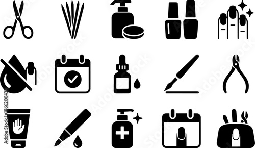 Professional Nail Salon and Manicure Beauty Care Glyph Icon Set Featuring Nail Polish Scissors Cuticle Tools and Hand Spa Treatment Vector Symbols